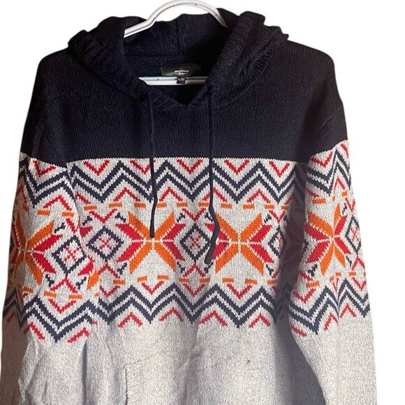 Mountain Ridge Men’s XL Knit Hoodie Sweater Gray Black Fair Isle Nordic Print - Picture 3 of 6